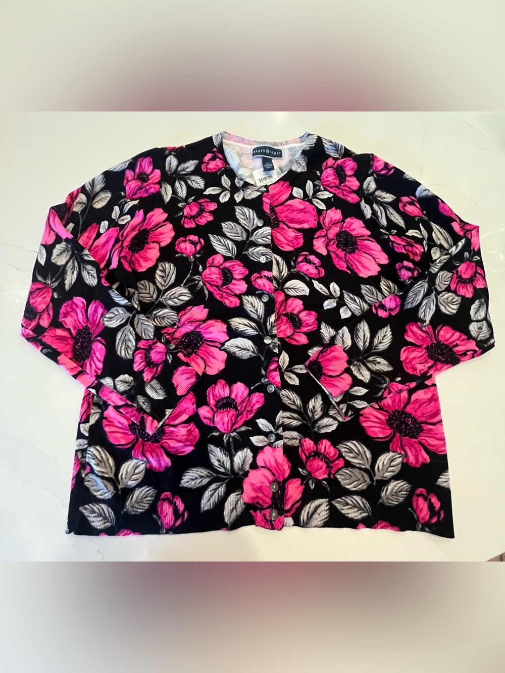 Karen Scott New Black Cardigan with Bright Pink Floral Design. Size XL. NWT